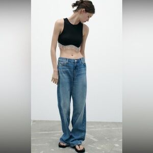 Zara Black Embellished Sleeveless Crop Tank Top